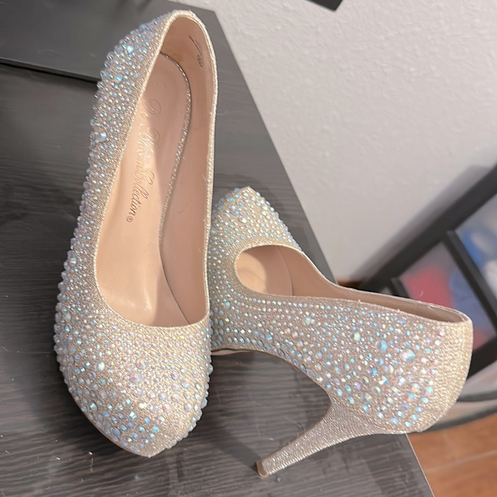 De Blossom Collection, nude platform heels with colorful rhinestones